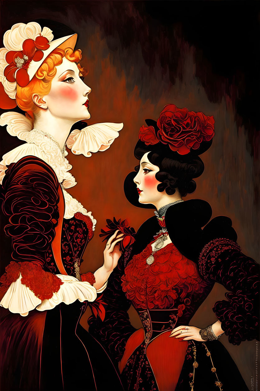 Stylized women in vintage dresses and hats against dark backdrop