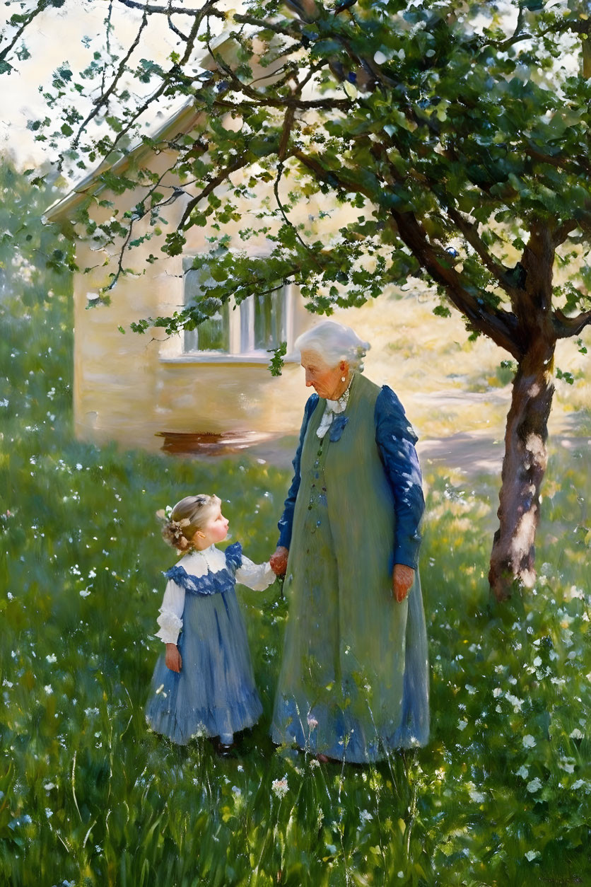 Elderly woman and young girl in matching blue dresses under tree in nature