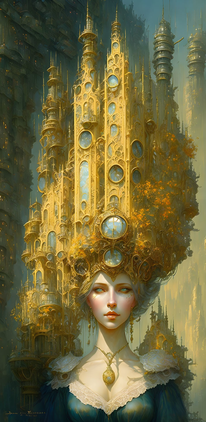 Architectural headpiece woman illustration in golden towers cityscape