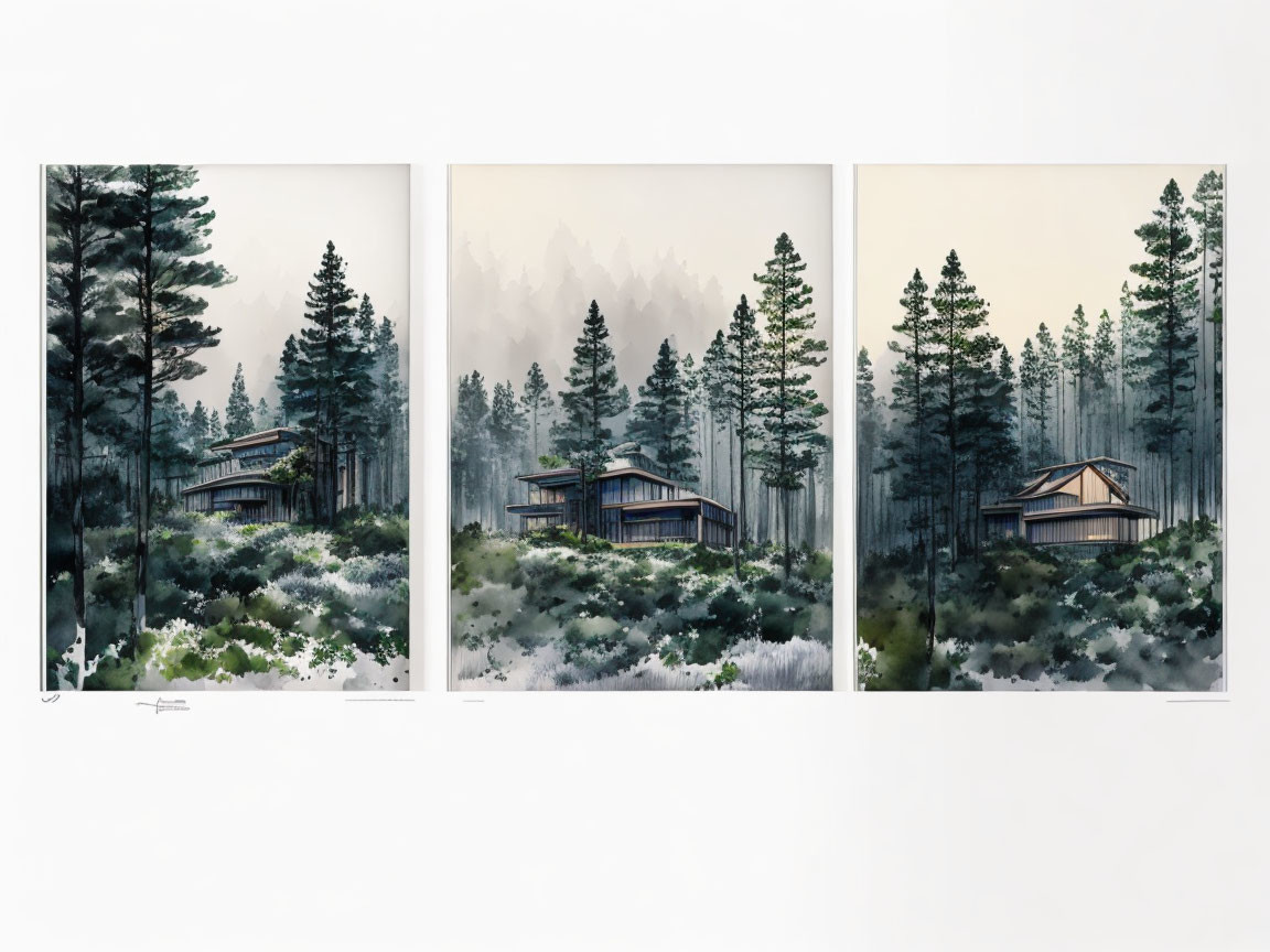 Set of Three Modern Cabin Art Prints in Misty Forest Scene