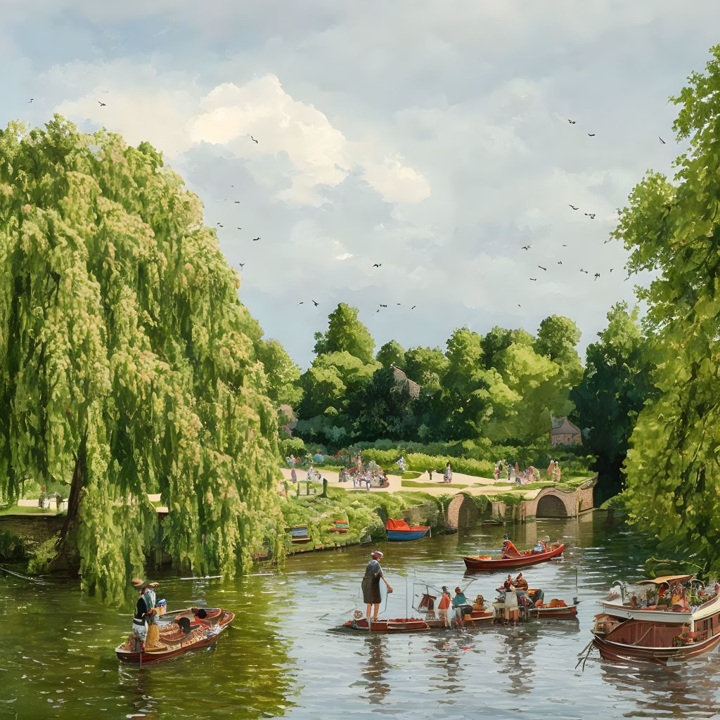 Tranquil riverside landscape with boating people and green trees