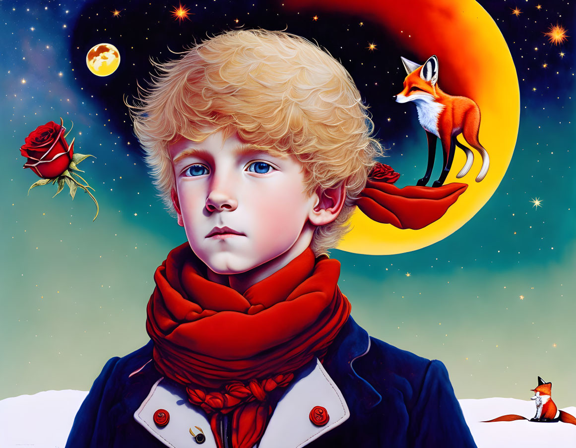 Surreal portrait of boy with blue eyes and foxes in cosmic setting