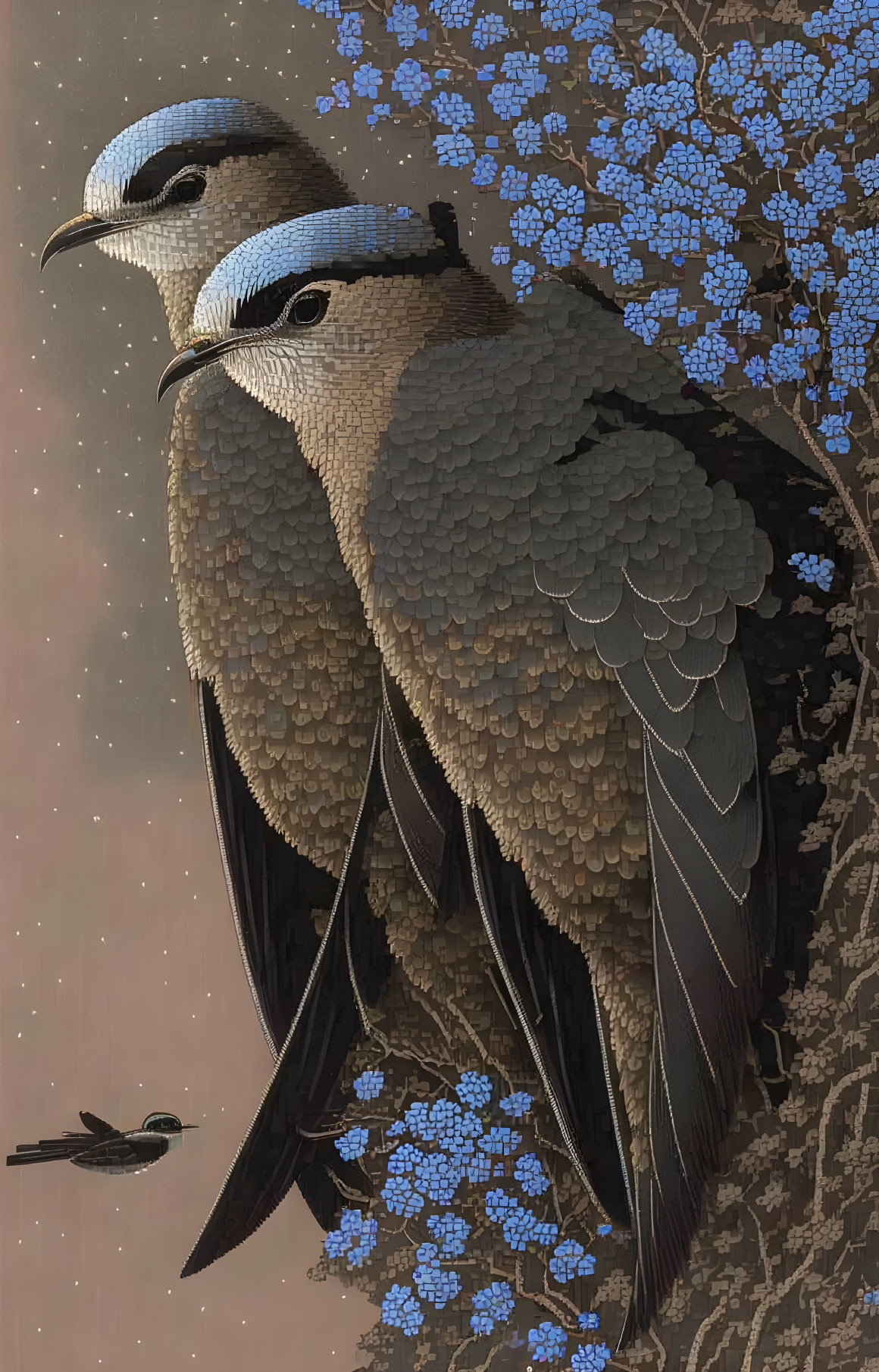 Detailed illustration of large bird with brown feathers and blue floral patterns, smaller bird in flight