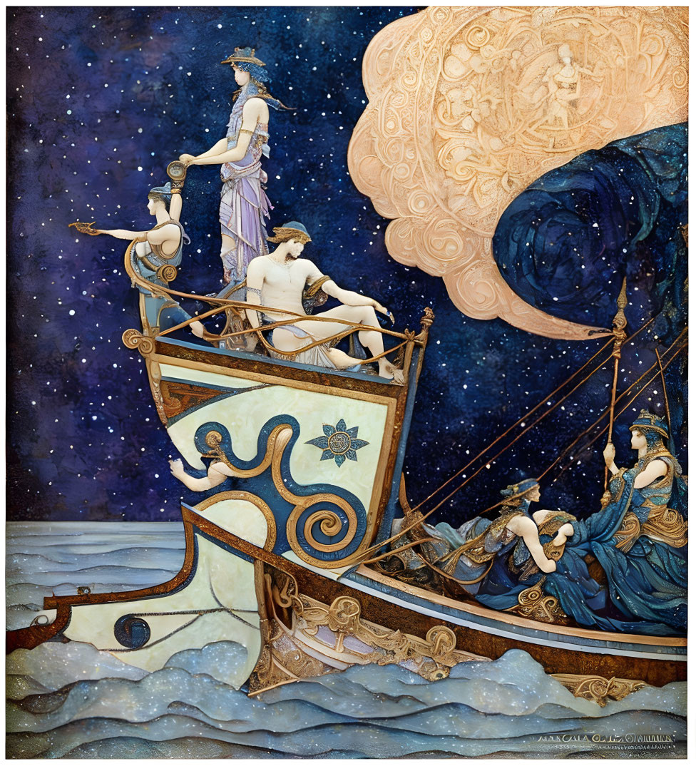 Illustration of Celestial Boat with Mythological Motifs