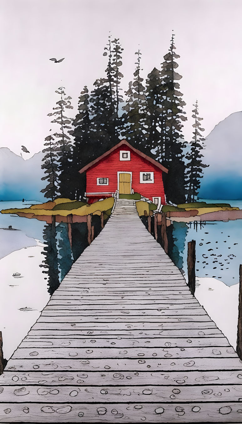 Red cabin on wooden pier surrounded by trees, with mountains and calm lake.