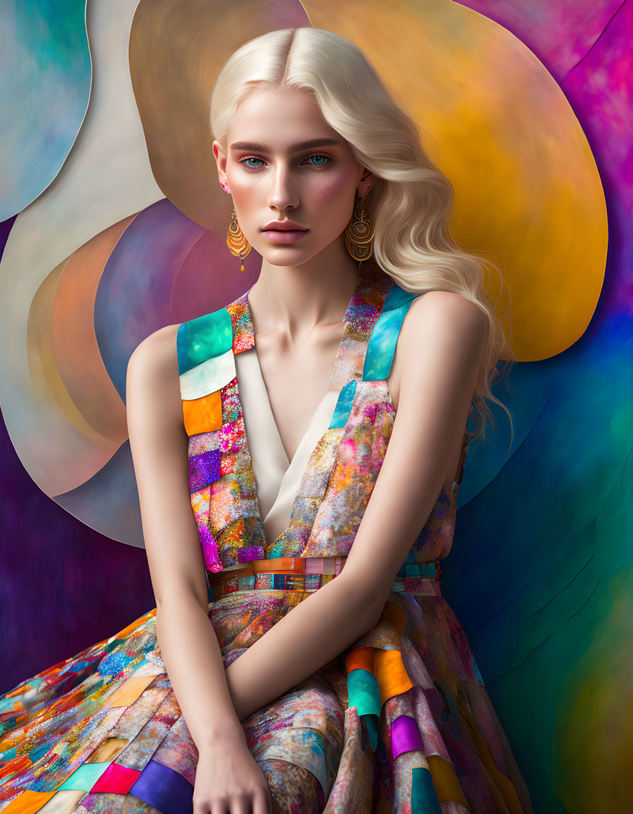 Platinum blonde woman in colorful patchwork outfit against abstract backdrop