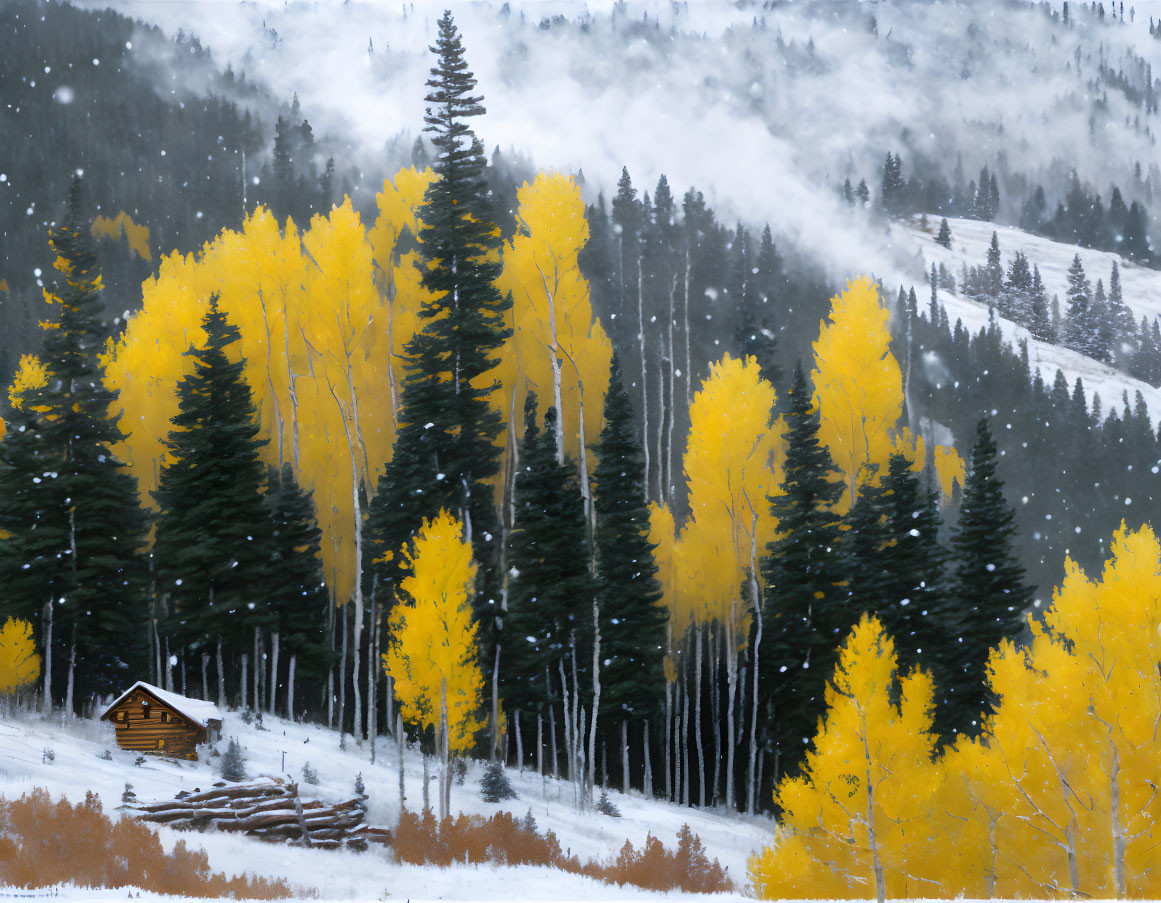 Snowy forest with evergreens, yellow aspen trees, and a cozy cabin in winter landscape