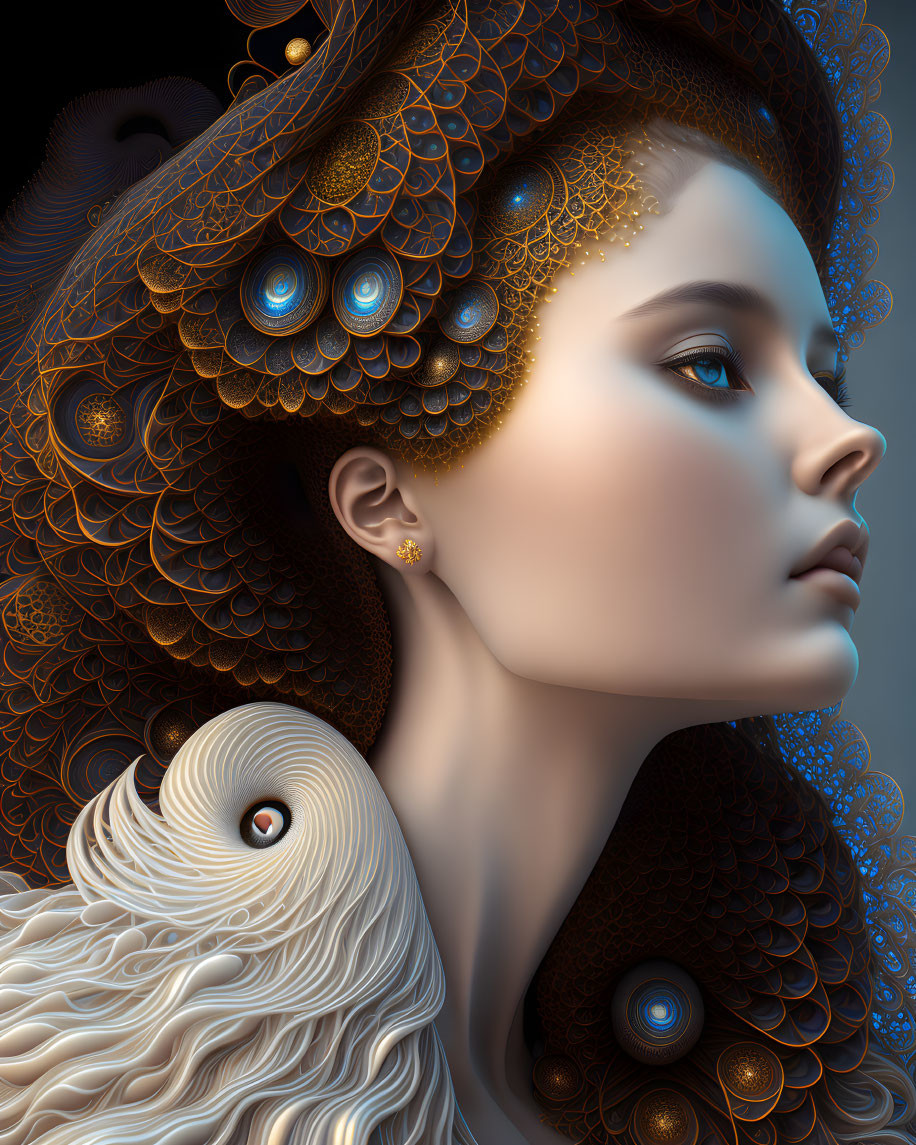 Detailed digital portrait of woman with peacock feather-like designs and owl in blues and golds