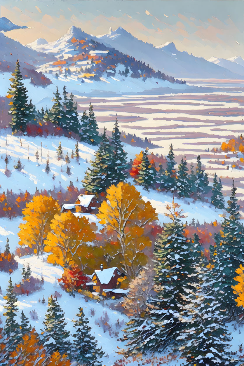 Snowy mountains, autumn trees, and cottages in a winter landscape.