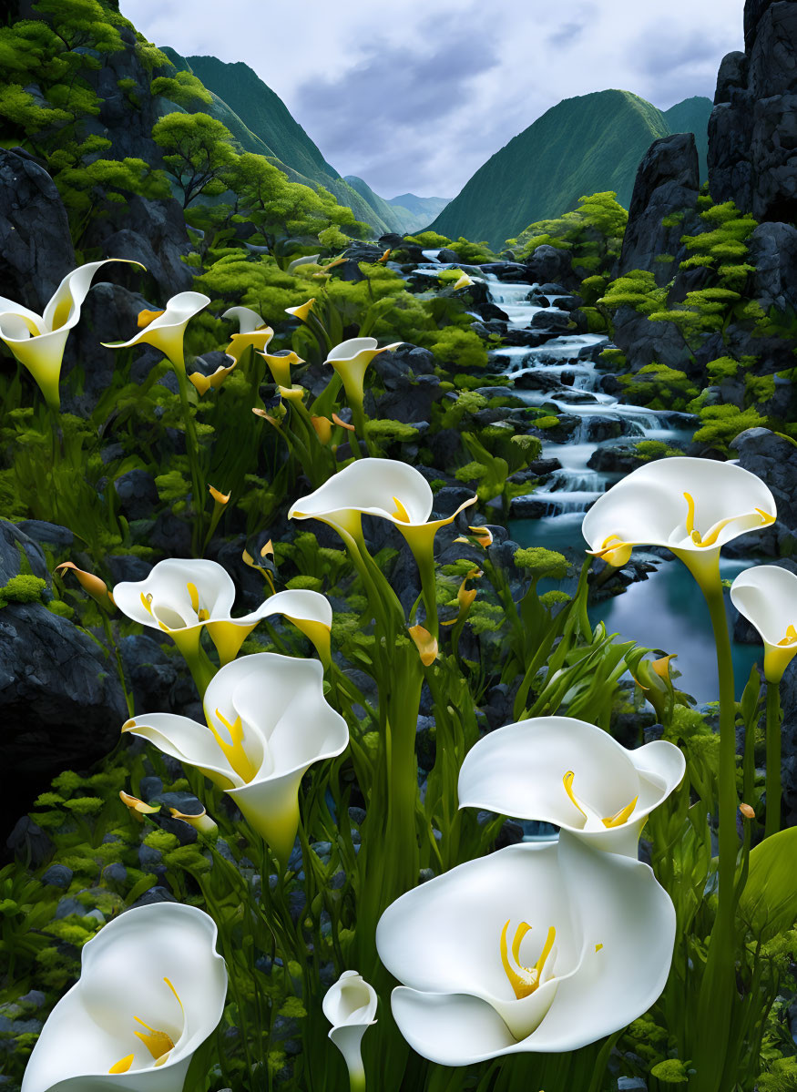 Tranquil river in lush valley with white calla lilies