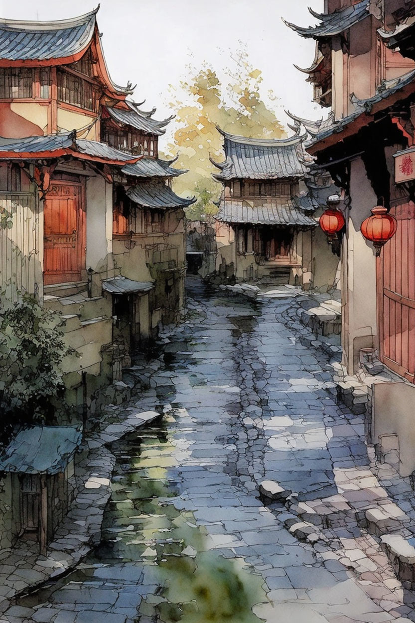 Traditional East Asian Village: Serene Cobblestone Street & Red Lanterns