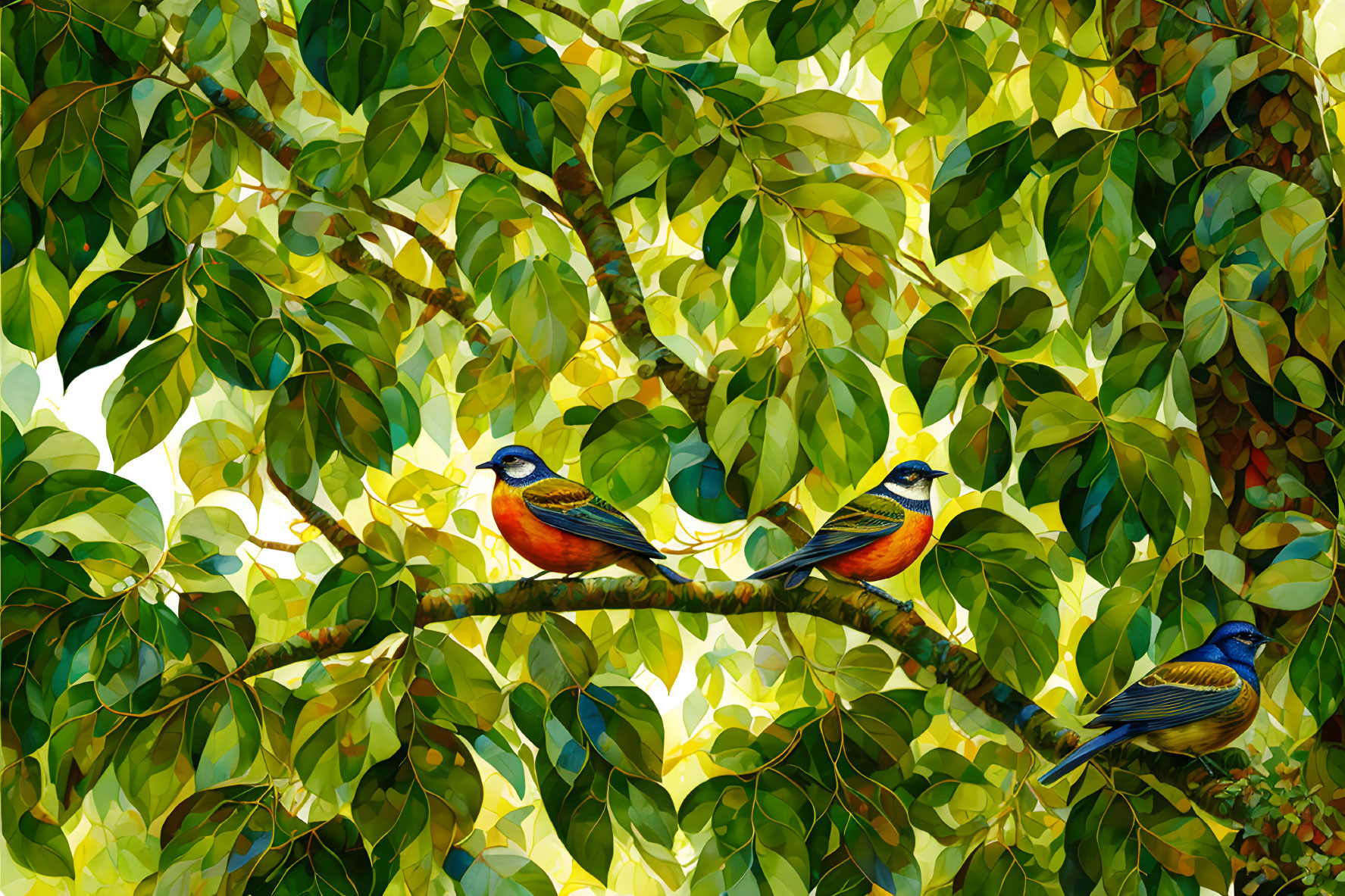 Vibrant green foliage with three colorful birds perched on a branch