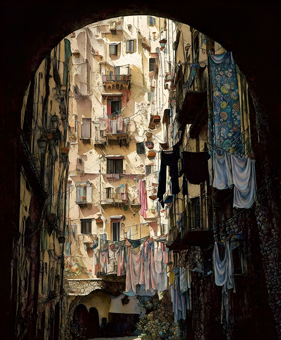 Densely packed old residential area with balconies and hanging laundry.