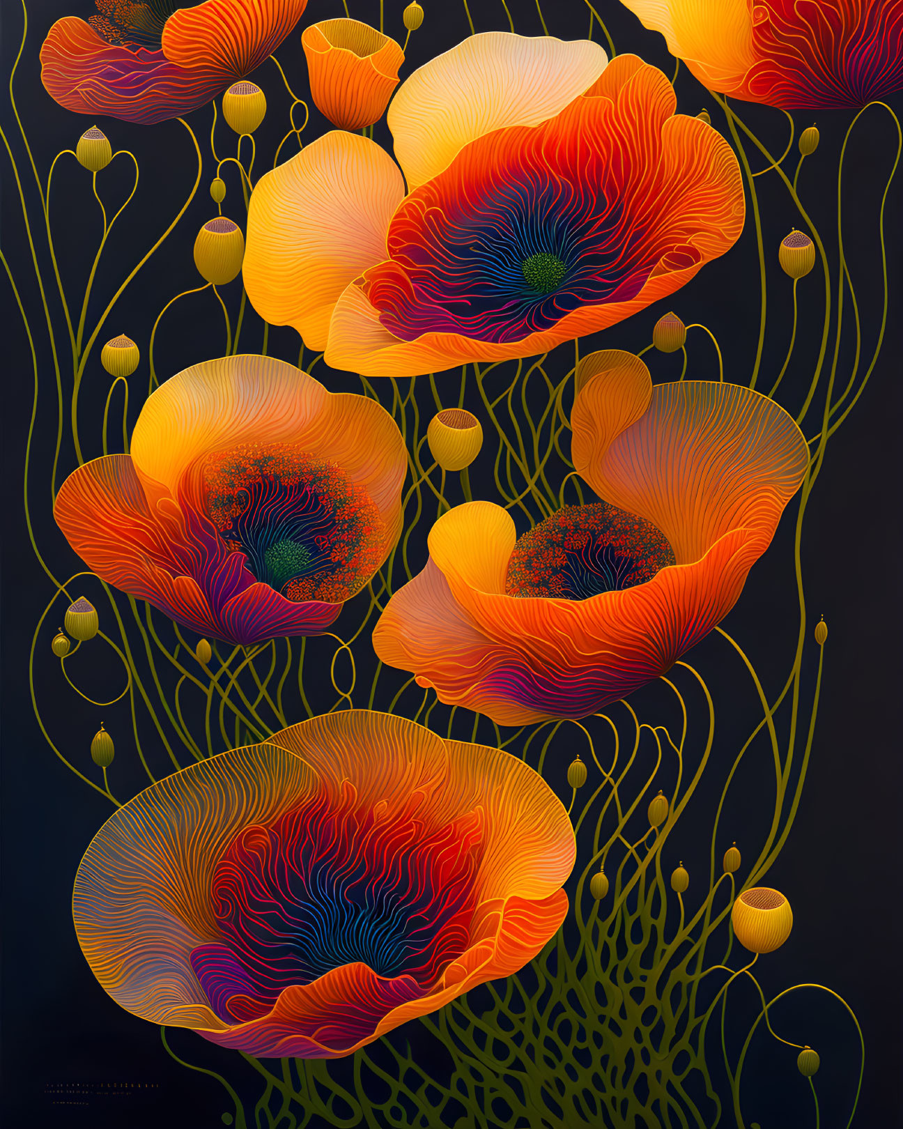 Colorful stylized poppies artwork on dark background