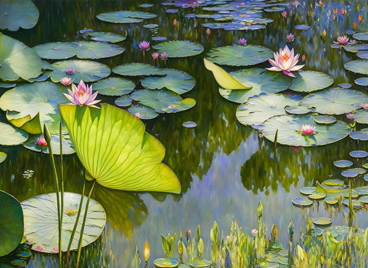 Tranquil Pond with Lily Pads and Pink Lotus Flowers