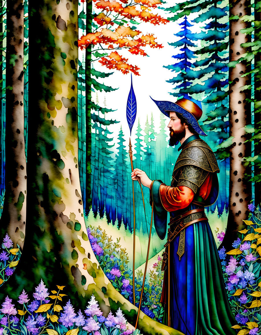 Medieval knight illustration in forest with spear surrounded by colorful flora