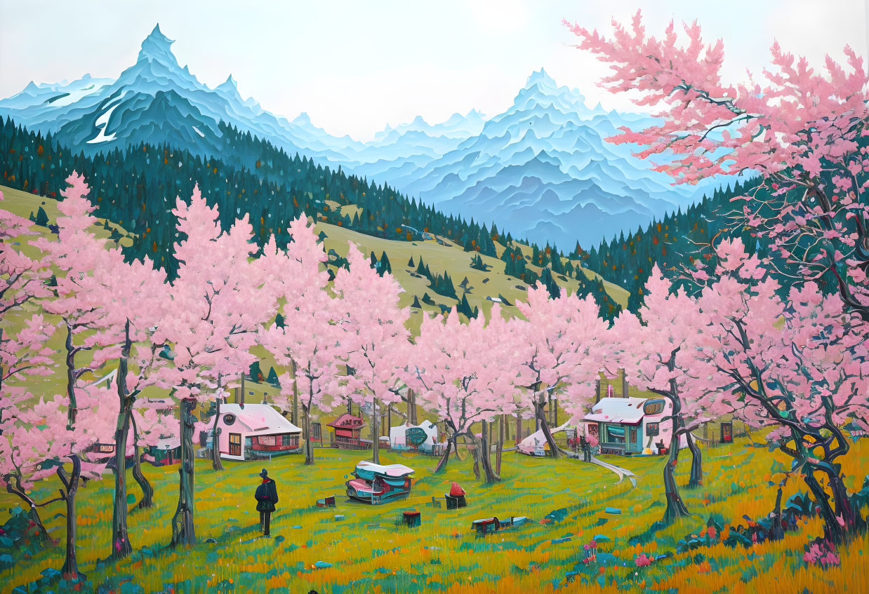 Colorful rural landscape with cherry blossom trees, houses, car, and mountains