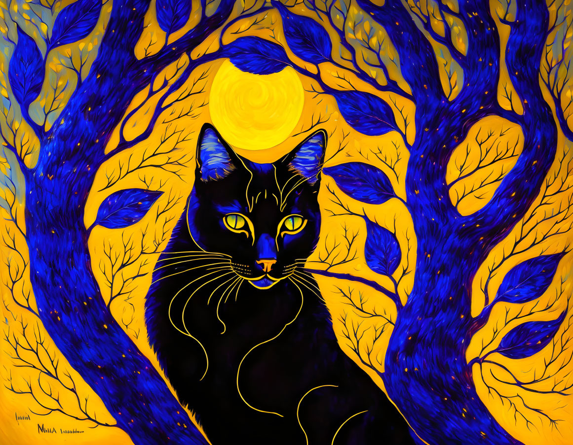 Colorful Artwork Featuring Black Cat with Piercing Eyes