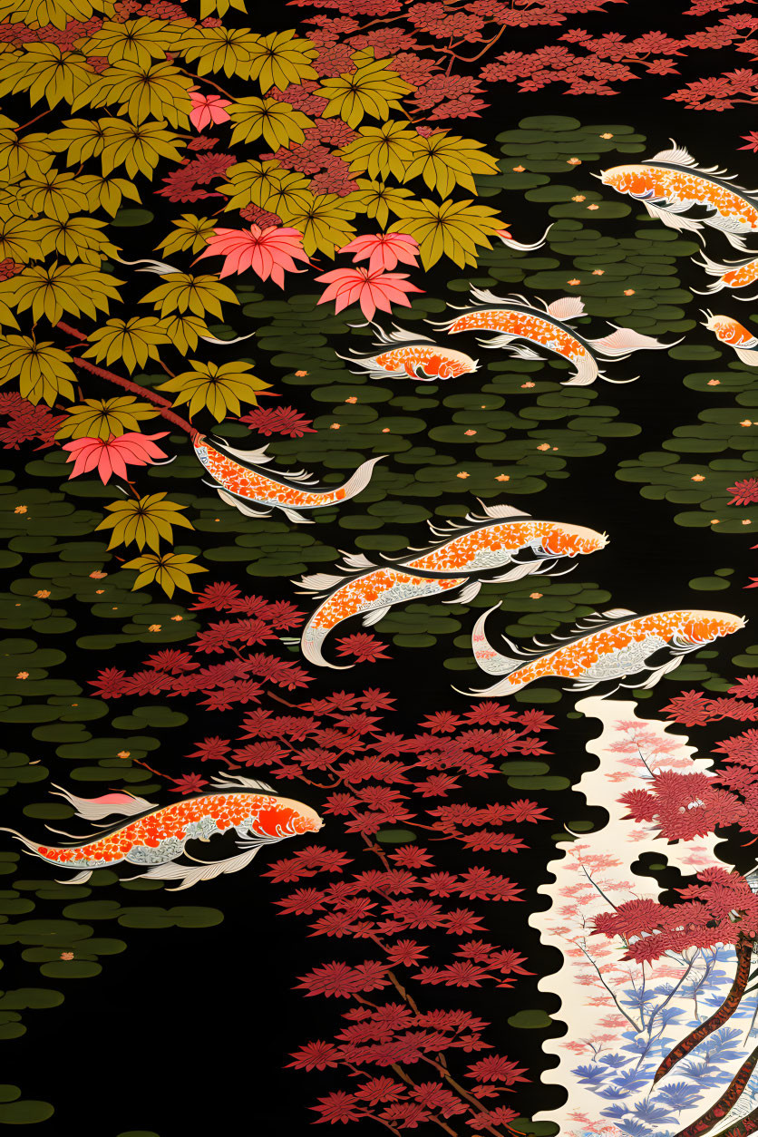 Colorful koi fish and autumn leaves in serene underwater scene