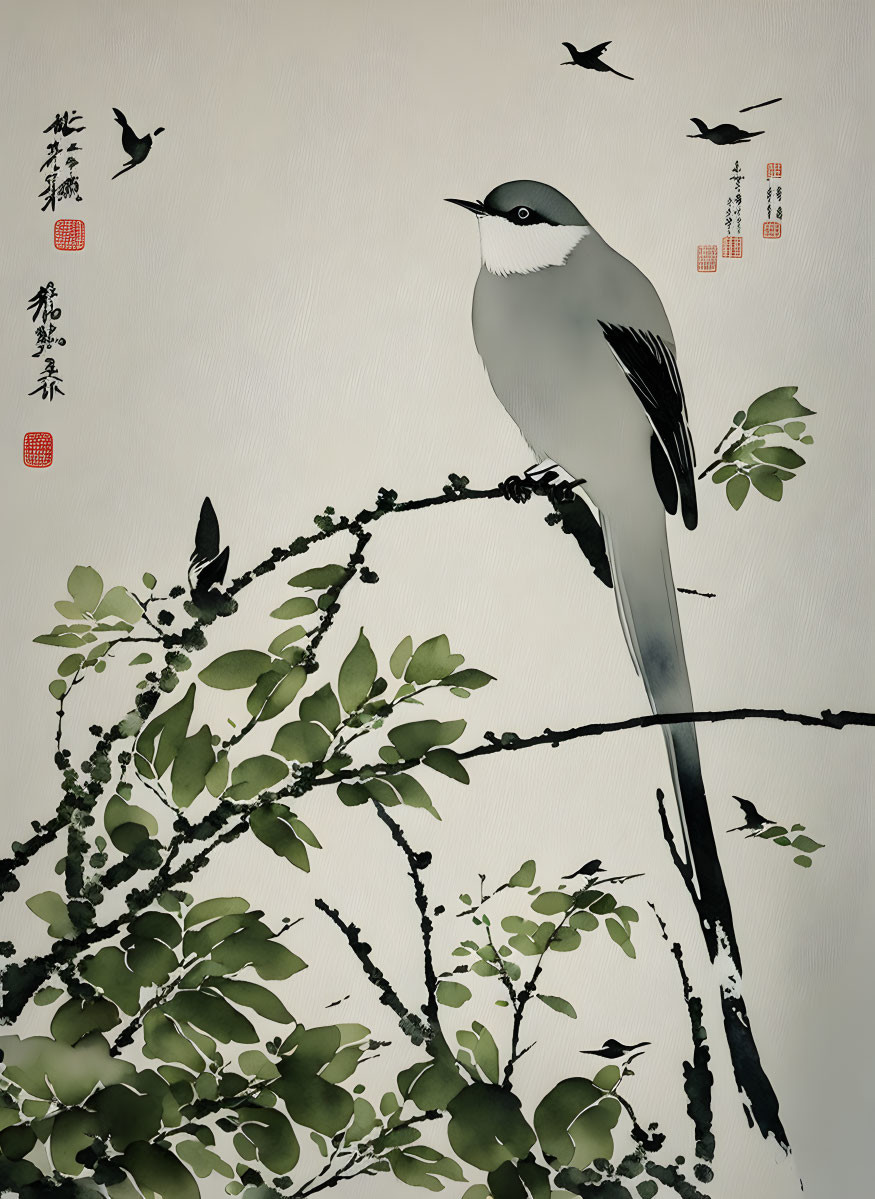 Traditional East Asian Style Painting of Bird Perched on Branch with Calligraphy and Red Seals