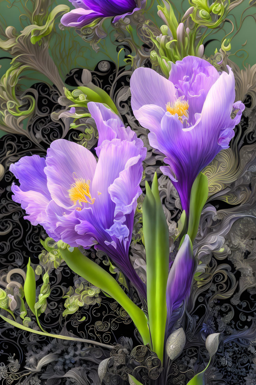 Vibrant Purple Crocus Flowers with Yellow Stamens in Swirling Gray and Black Patterns