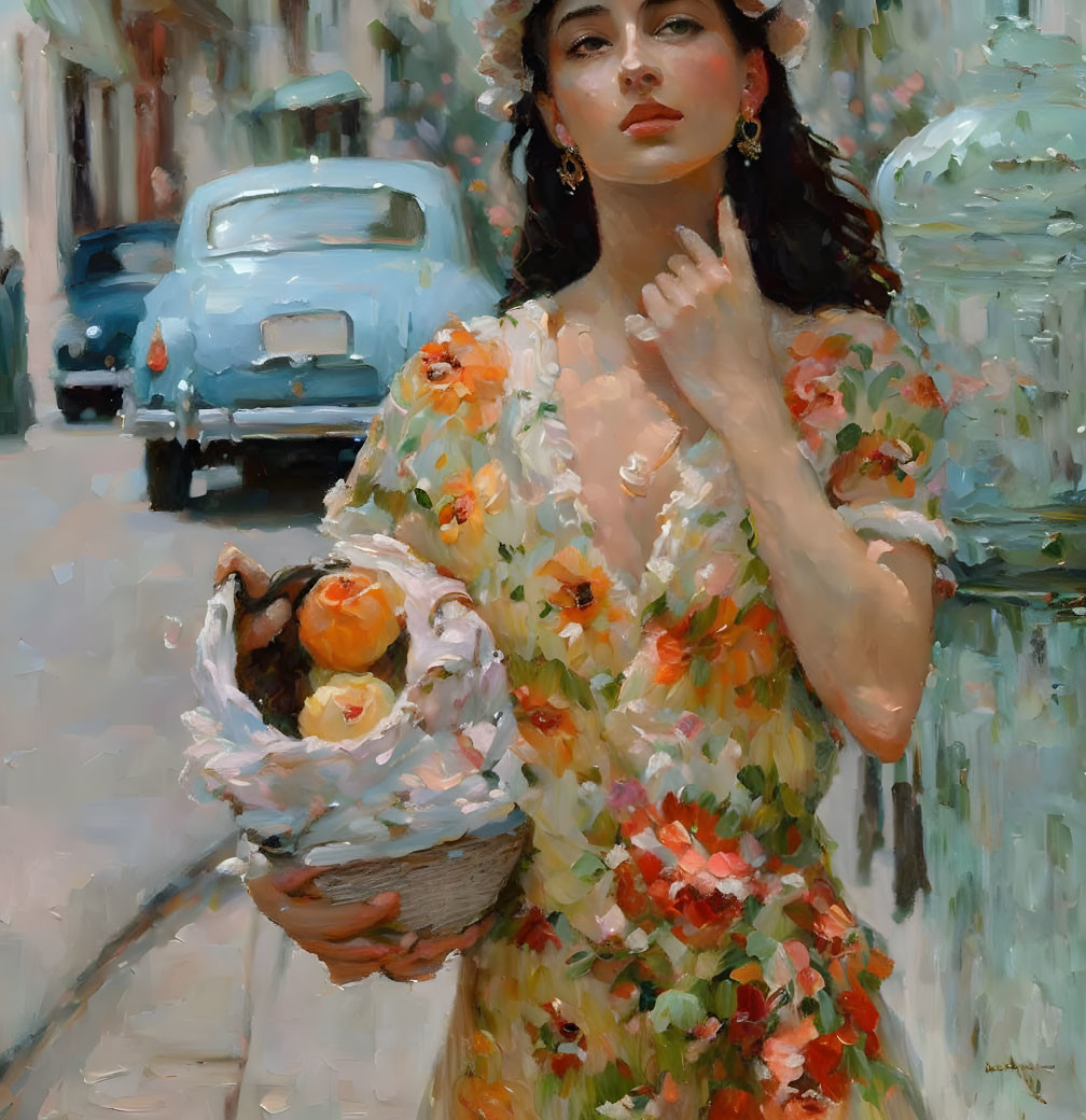 Woman in Floral Dress with Fruit Basket on City Street Beside Blue Car