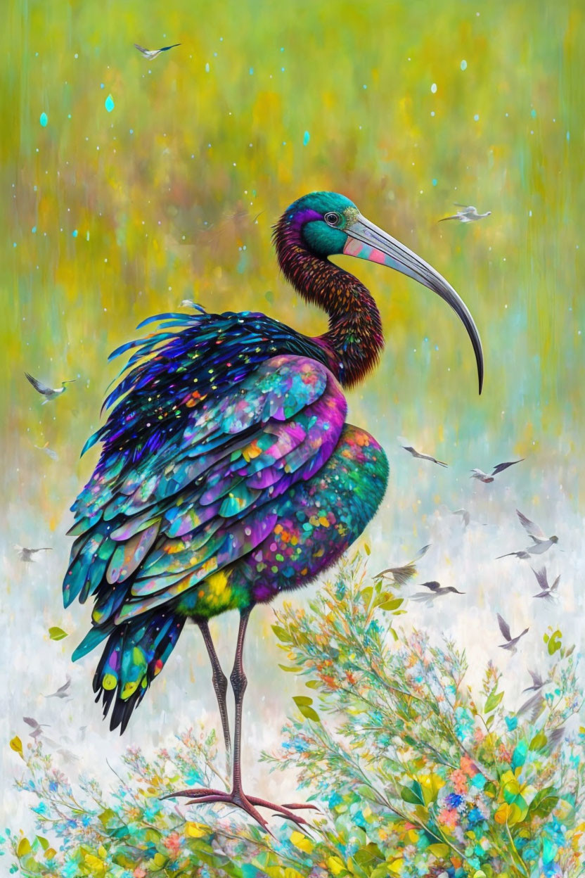 Colorful Iridescent Bird with Long Beak in Dreamy Background