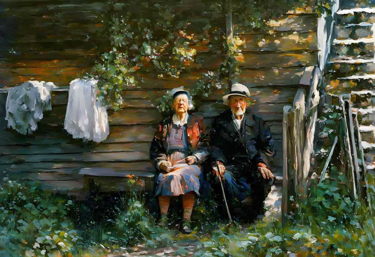 Elderly couple outside rustic cabin with lush greenery & sunlit laundry