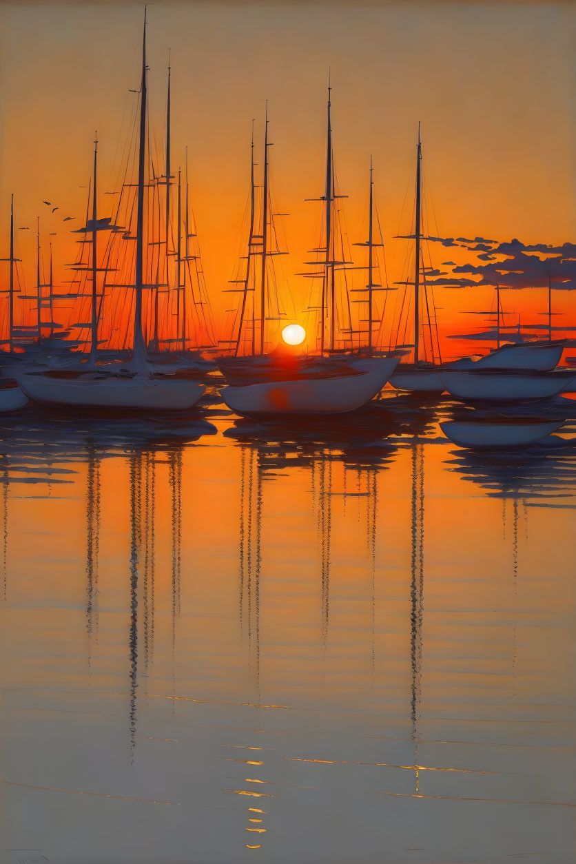 Sailboats Silhouetted on Orange Sunset Water