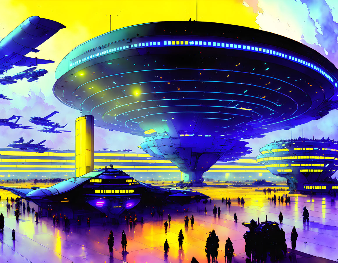 Futuristic spaceport with hovering platforms and spacecraft at twilight