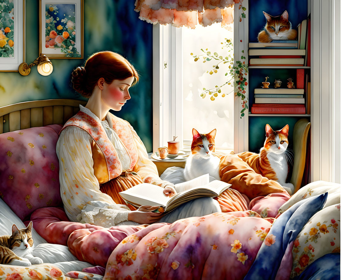 Woman reading book in cozy room with floral decor and cats in warm sunlight