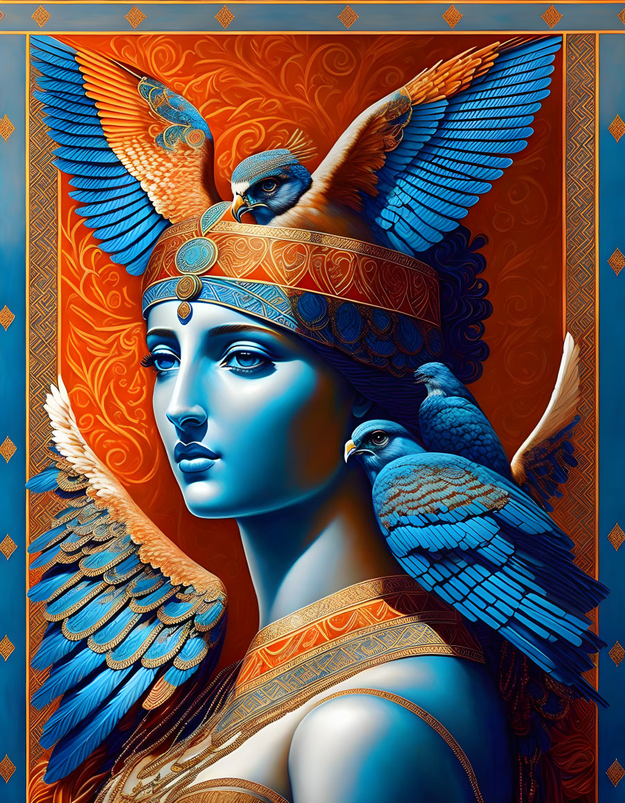 Stylized portrait of woman with blue skin and ornate headgear on orange backdrop