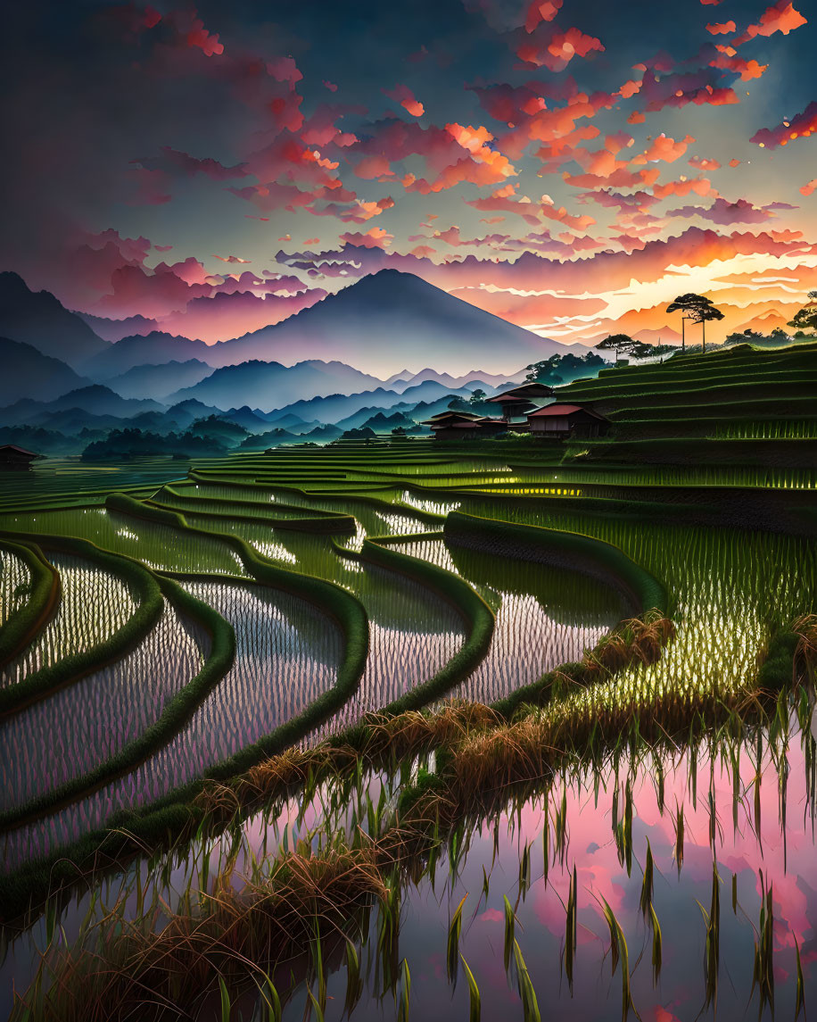 Vibrant pink sunset over terraced rice fields, traditional houses, and mountains