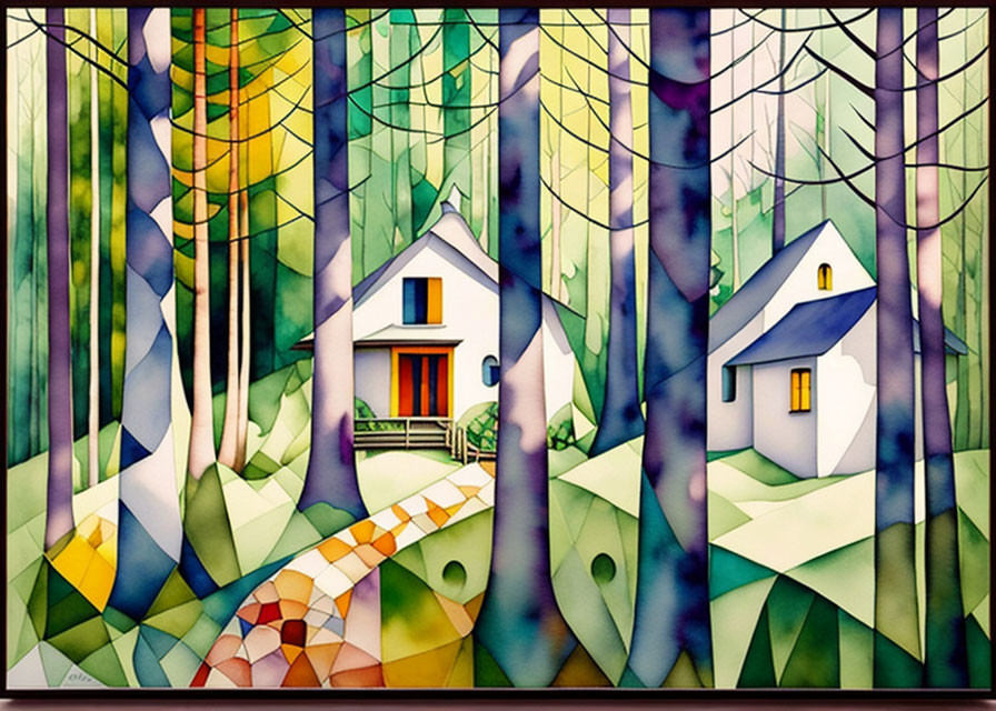 Vivid cottage painting in colorful forest with geometric patterns