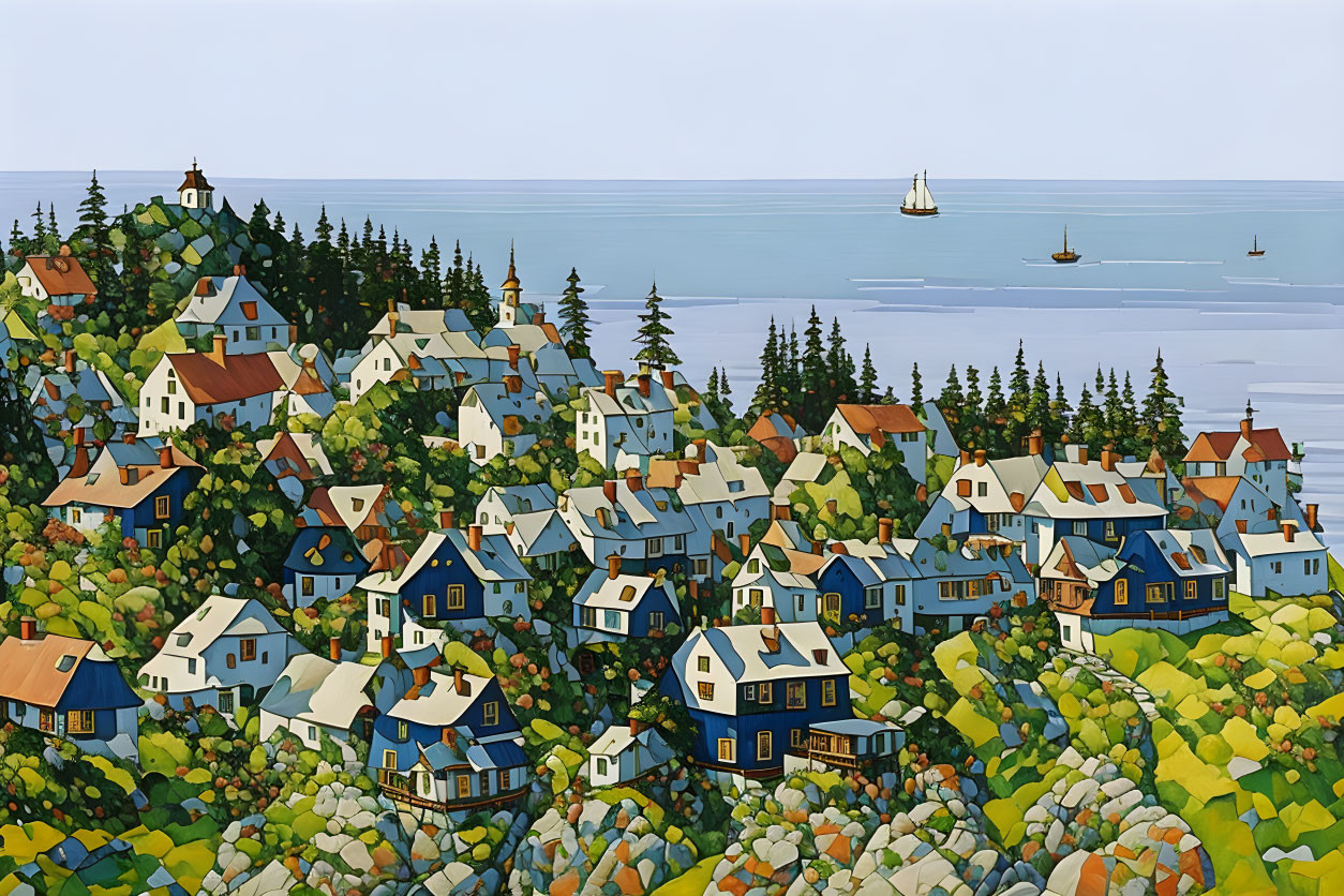 Vibrant coastal village painting with clustered houses and sailboats