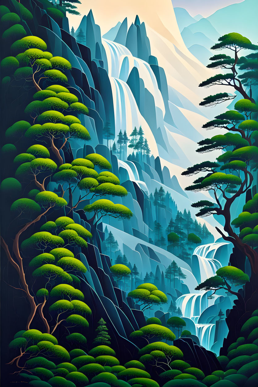 Lush Mountain Landscape with Waterfalls and Misty Peaks