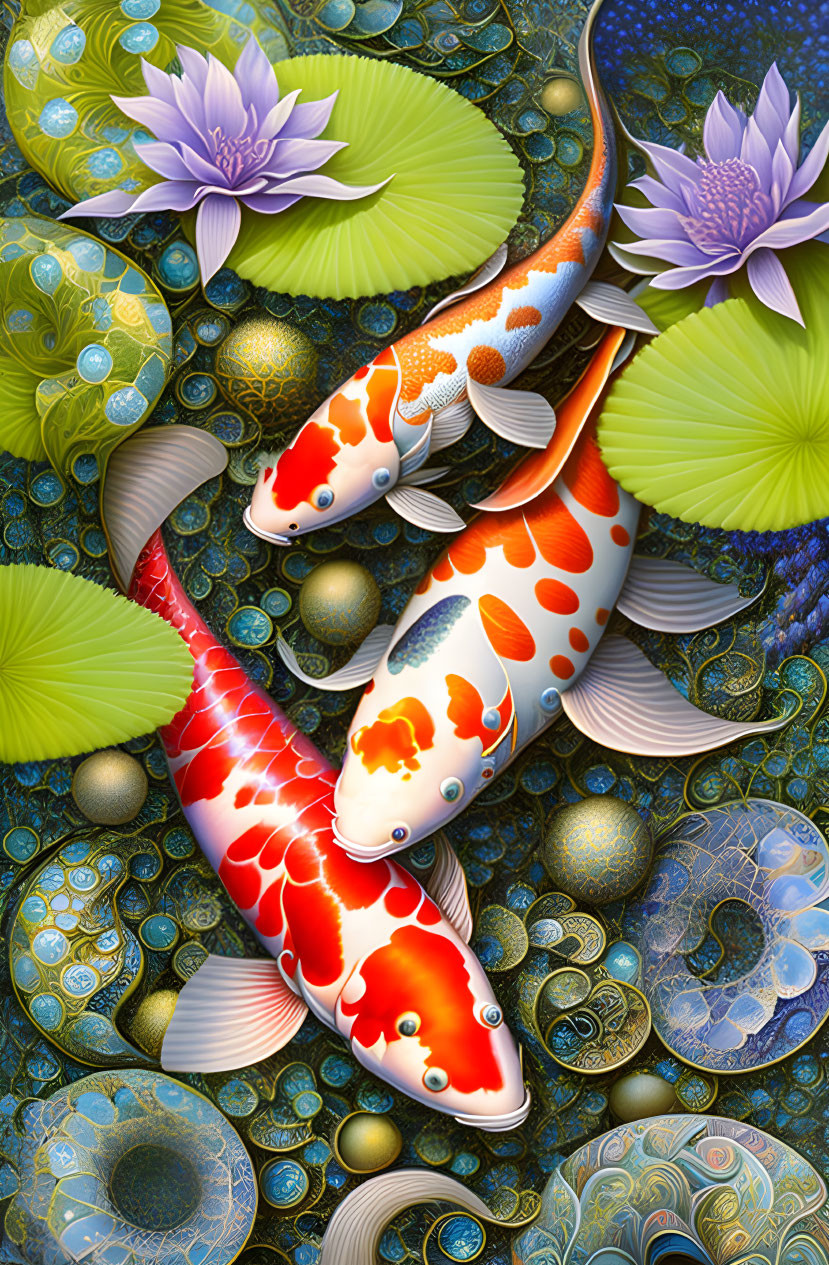 Vibrant koi fish among lily pads and flowers on textured blue background