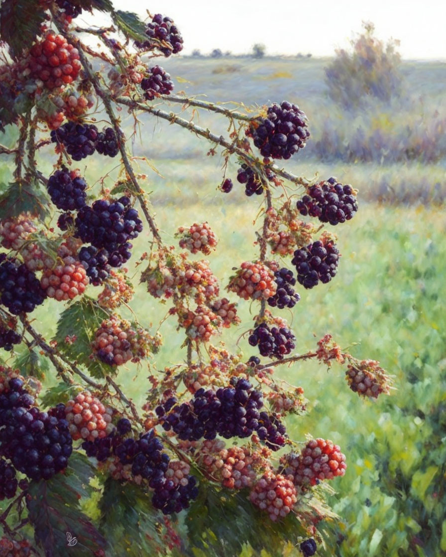 Lush blackberry bush painting with ripe and unripe berries in green field