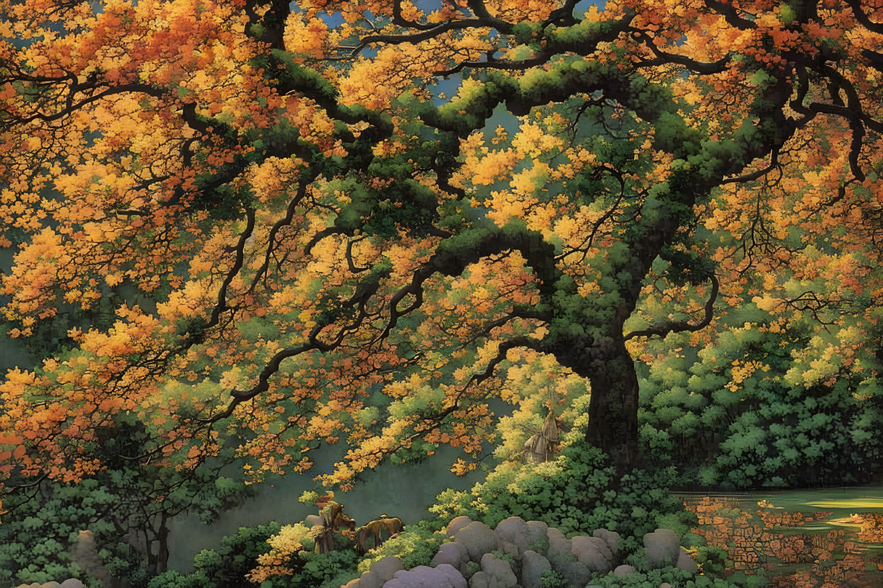 Detailed illustration of a lush oak tree with green and golden leaves.