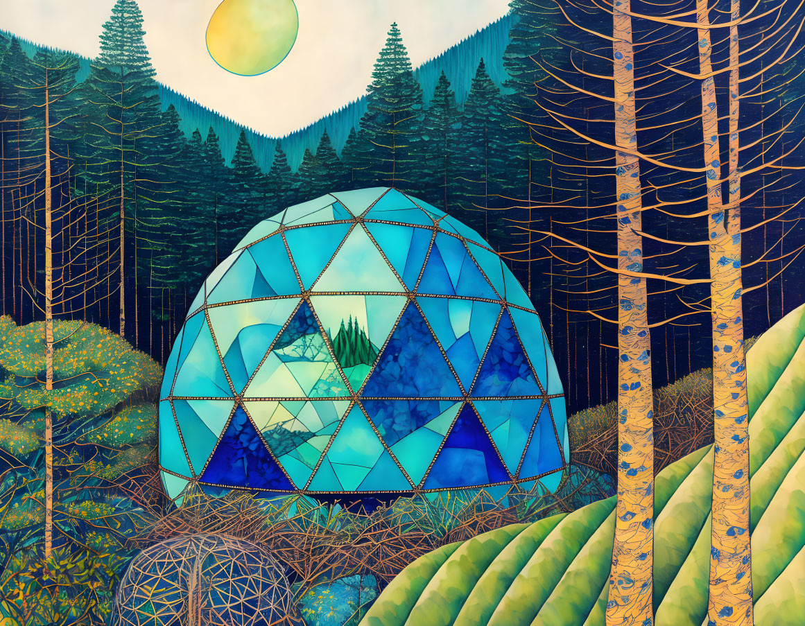 Vivid Geodesic Dome in Surreal Forest Setting