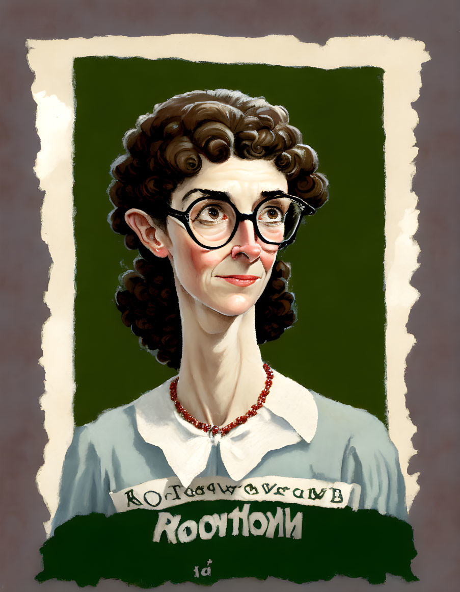 Woman with Curly Brown Hair, Round Glasses, Pearl Necklace, Collared Shirt in Illustration