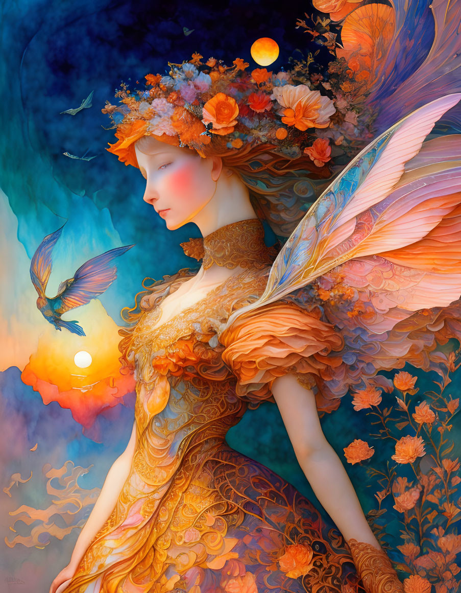 Fantasy illustration of a woman with orange wings and floral crown surrounded by birds and vibrant colors