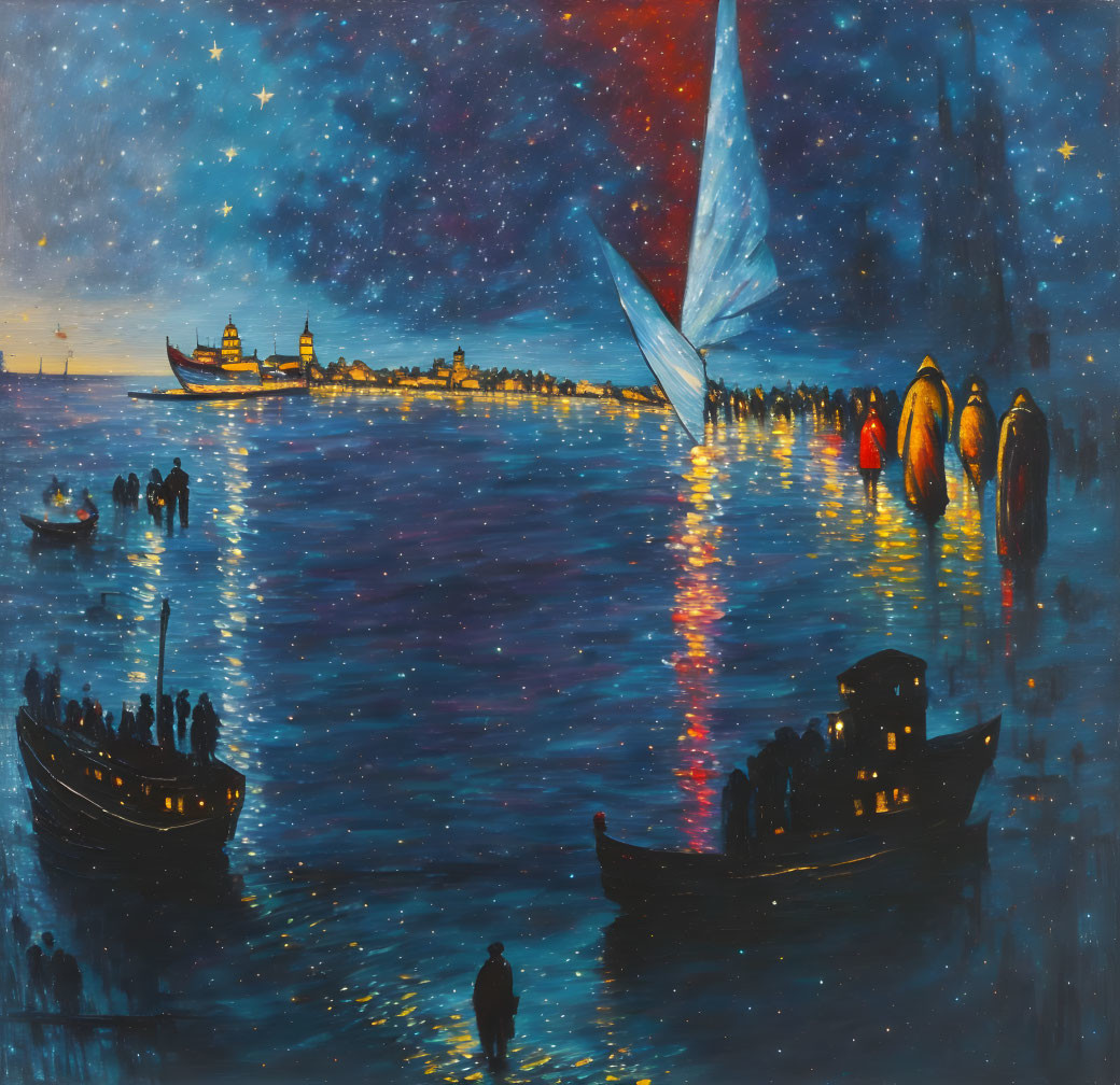 Vibrant night seascape with boats, starry sky, luminous reflection, and solitary figure