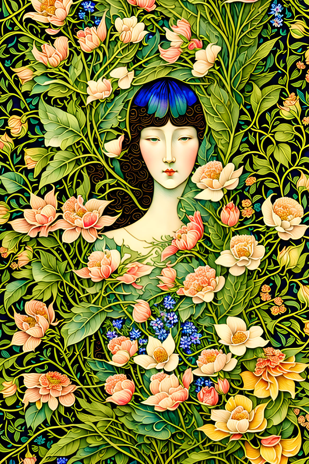 Illustration of Woman's Face in Art Nouveau Style with Floral Pattern