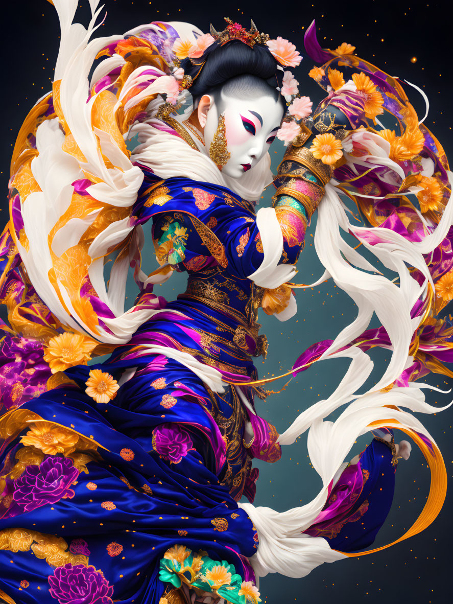 Ethereal figure in Asian attire with floral accents on starry backdrop