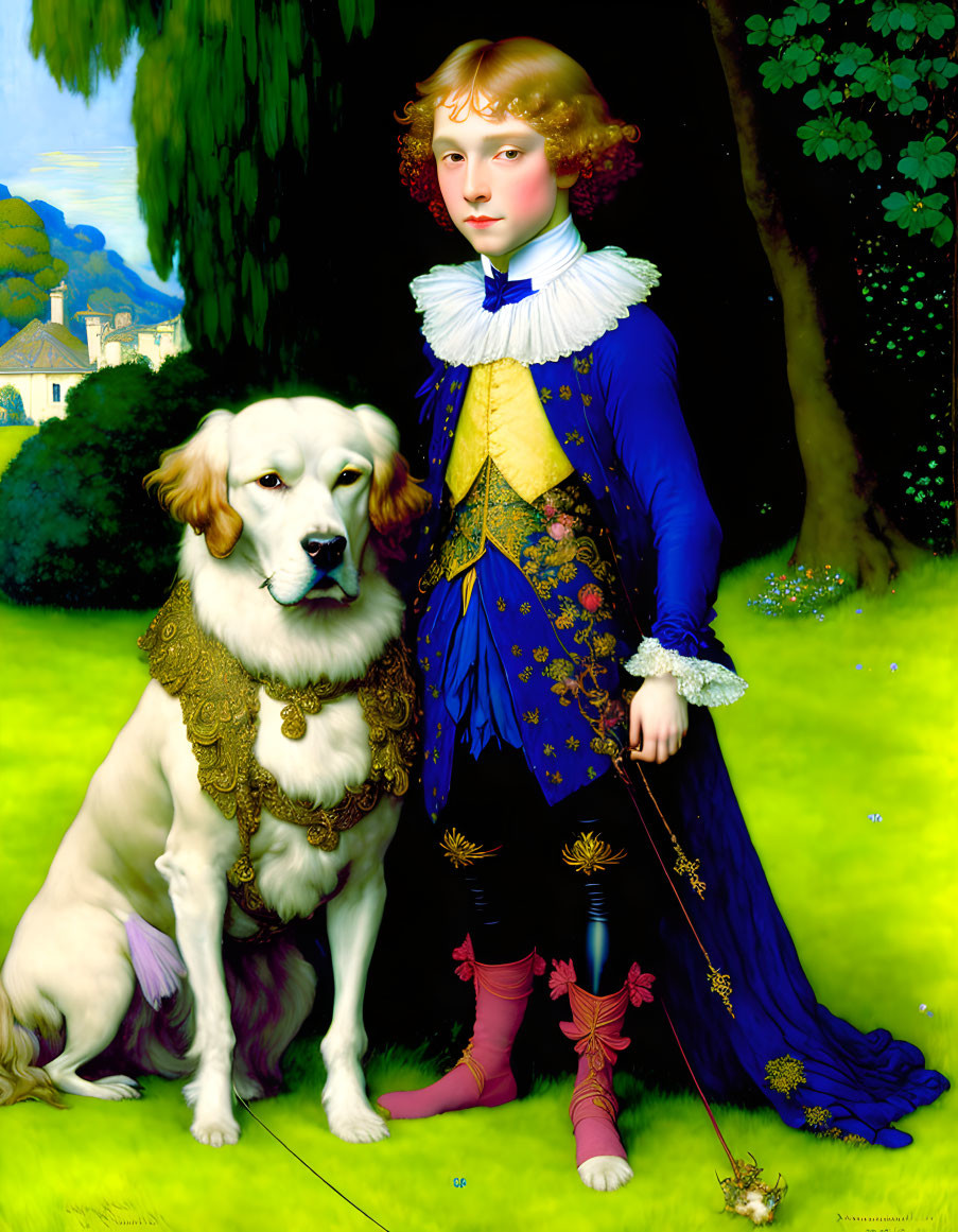 Young person in blue and gold outfit with dog in green landscape