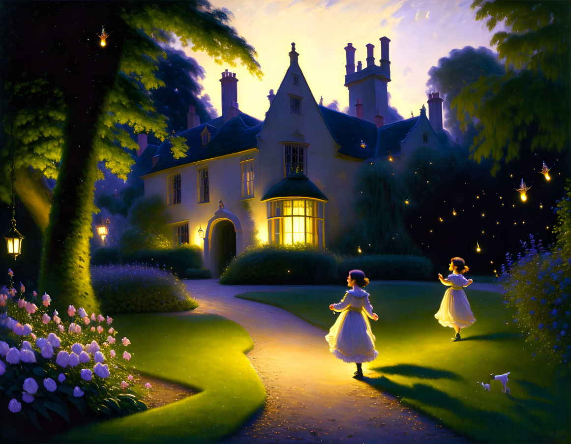 Children playing with lanterns in garden at twilight with majestic house and stars.