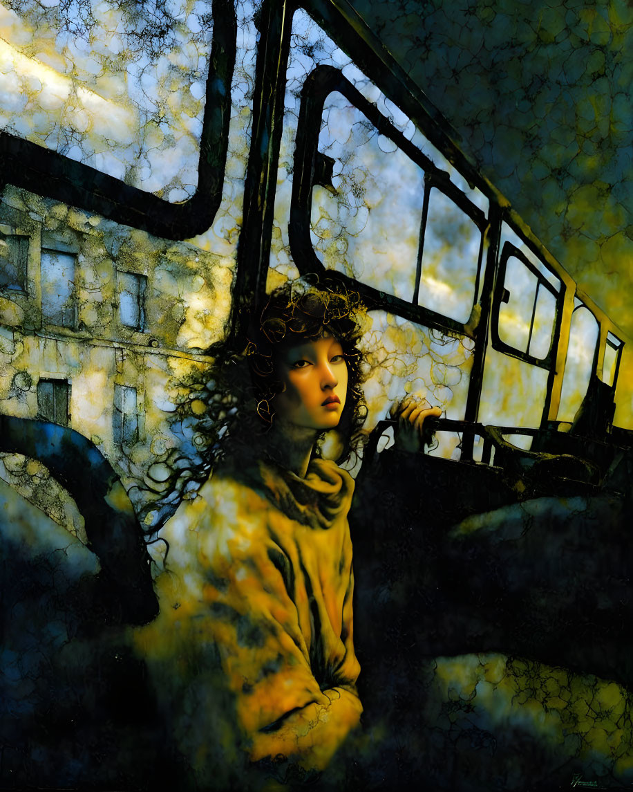 Curly-haired person gazes through broken bus window in blue and yellow setting