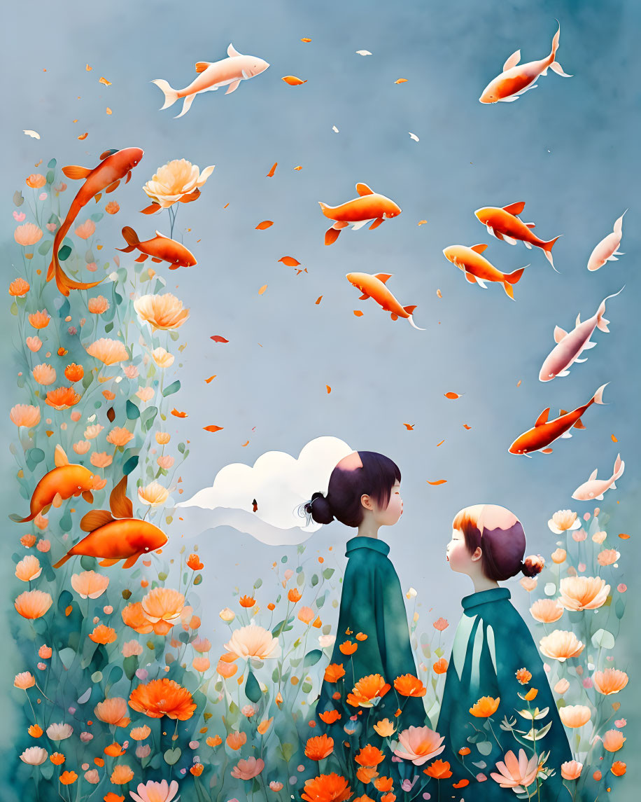 Two figures in green cloaks observe flying golden fish over orange flowers.