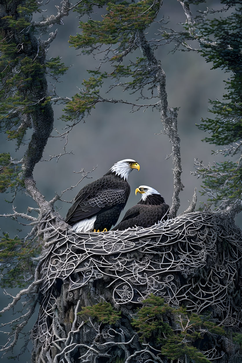 Pair of bald eagles in nest among bare trees with forest backdrop